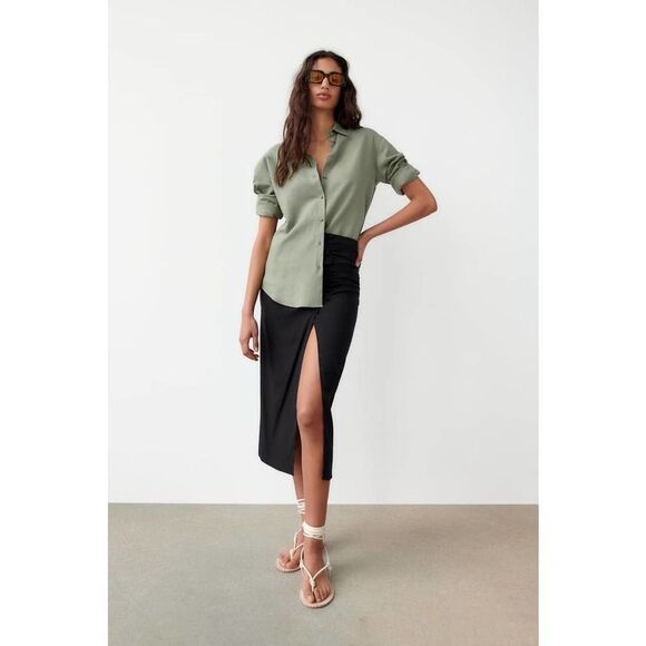 Zara EUC Linen Opeb Back Button Down Shirt Size M Khaki Green - Picture 2 of 12